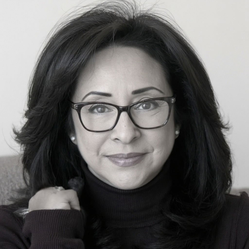 norma with glasses in a black and white photo